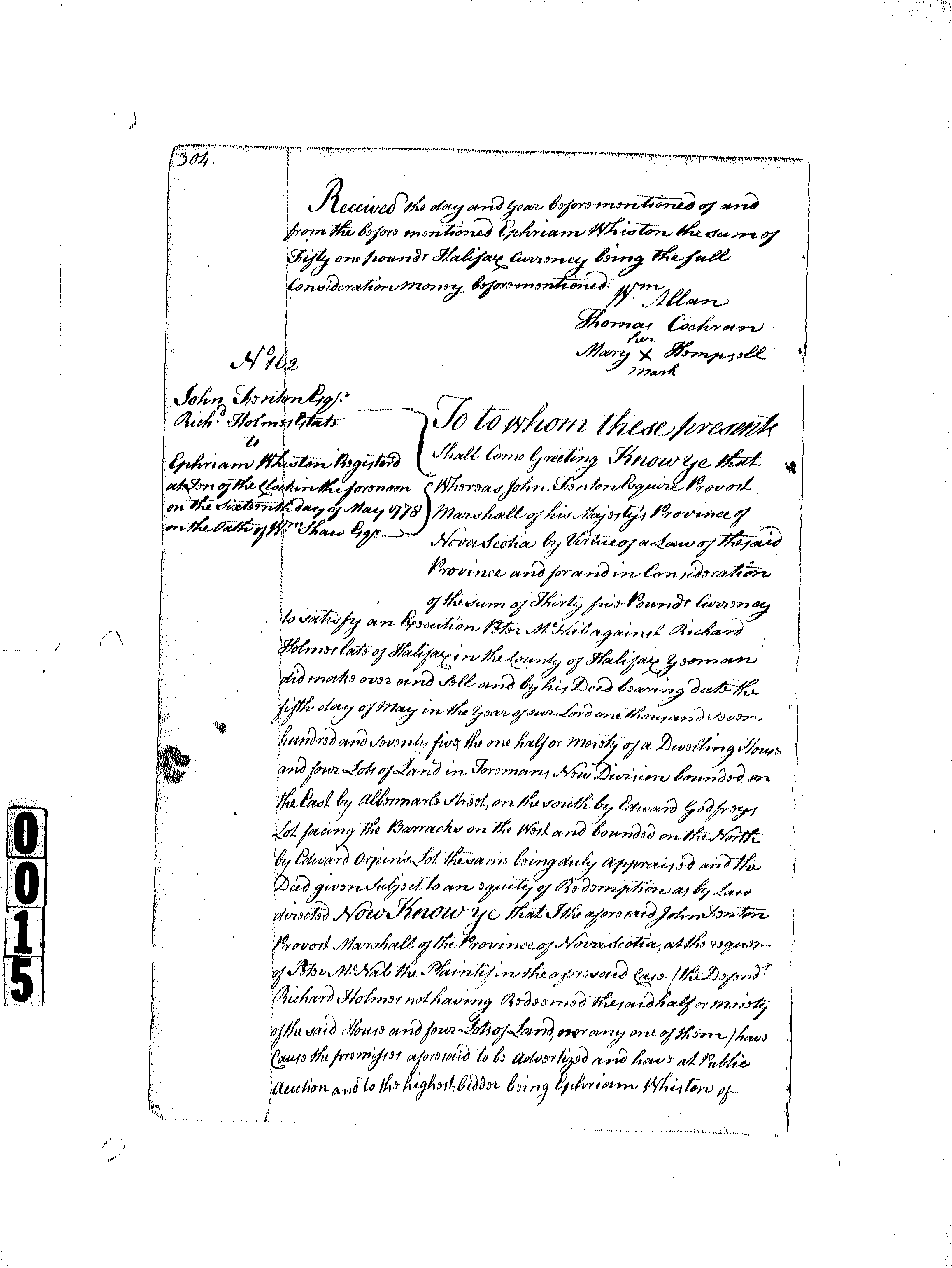 This image is one of the deeds of the property owned by the slave owner John Rock.